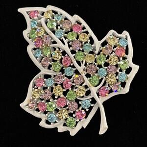 Leaf Brooch Green Pink Blue Amber  Vtg Estate Jewelry Pin O30